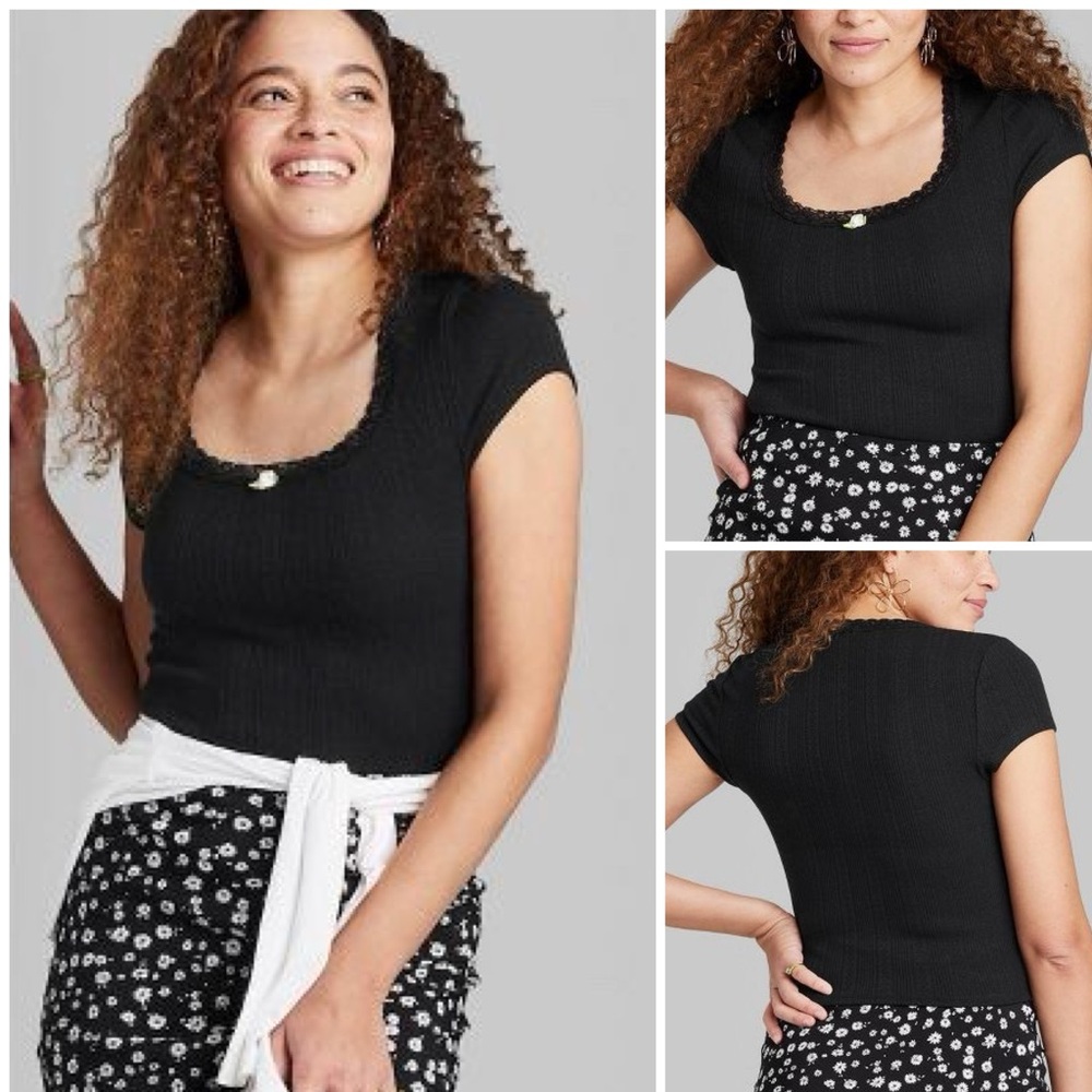 target Wild Fable Short Sleeve Pointelle Rosette T-Shirt in black, size XS NWT